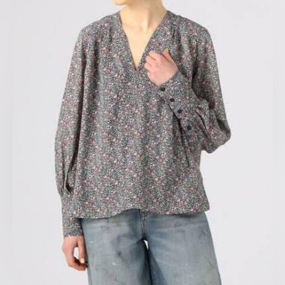 Ganni Women's Green Long-Sleeve Crepe Floral Print Blouse Top
